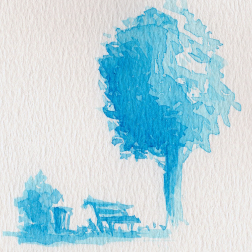 The park bench, blue acrylic ink