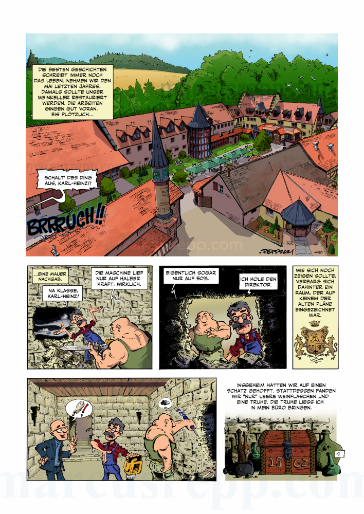 Ausschnitt aus einem Comic über Marx Rumpolt. Eingangsbild zeigt das Schloss Weyberhöfe. Marx Rumpolt war Mundkoch zweier Mainzer Kurfürsten. Er verfasste in den 1580er Jahren das erste Lehrbuch für professionelle Köche in der Ausbildung.
