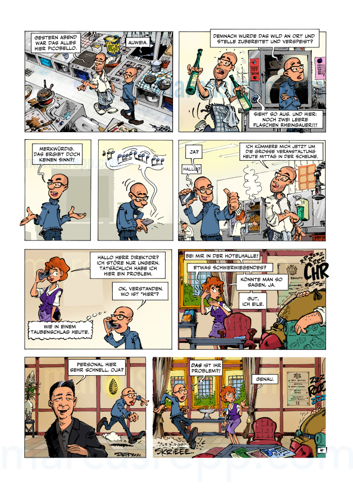 Ausschnitt aus einem Comic über Marx Rumpolt, der Mundkoch zweier Mainzer Kurfürsten. Er verfasste in den 1580er Jahren das erste Lehrbuch für professionelle Köche in der Ausbildung.