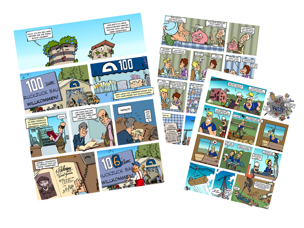 Auszug aus einem Auftragscomic. Gezeigt werden drei anonymisierte Seiten des Auftrags. Anlass war ein Jubiläum eines Bauunternehmens